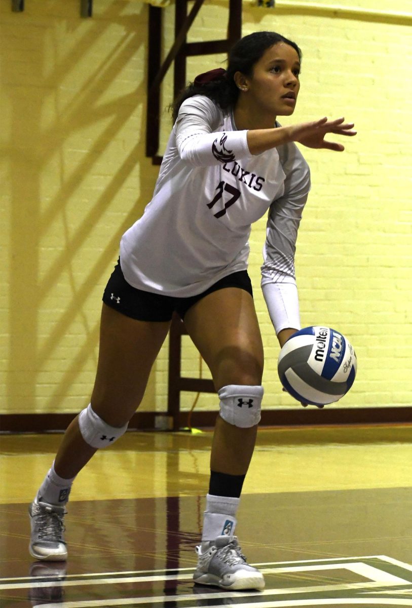 SIU Women’s Volleyball senior Nataly Garcia (17) prepares to serve against Valparaiso University at Davies Gym in Carbondale, IL on Friday Oct. 20, 2023.