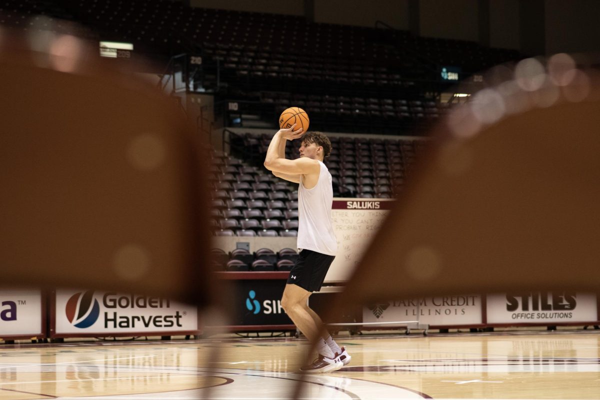 Jarrett Hensley looks to shoot the ball in an empty arena as Saluki basketball prepares for the future season Oct. 17, 2023 at Banterra Center in Carbondale, Illinois. 