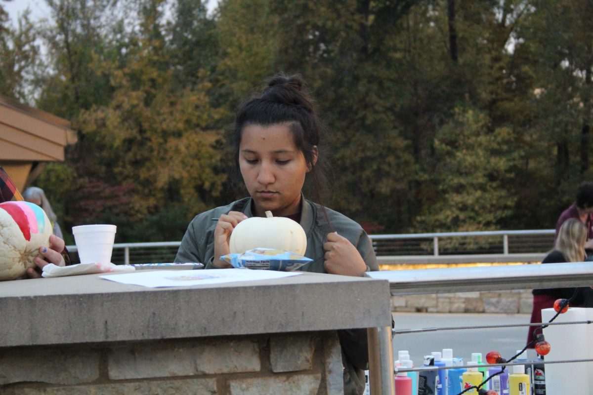 Elisa Lopez paints a pumpkin during Moonlight on the Lake hosted by the SIU Honors Assembly Oct. 24, 2023 at Becker Pavilion in Carbondale, Illinois.