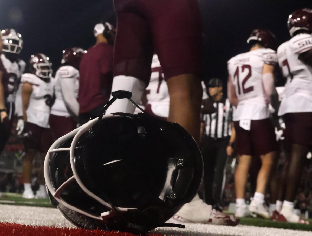 A Saluki helmet lays discarded on the sideline during the third quarter of the War for the Wheel game against Southeast Missouri State Sept. 16, 2023 at Houck Stadium in Cape Girardeau, Missouri.