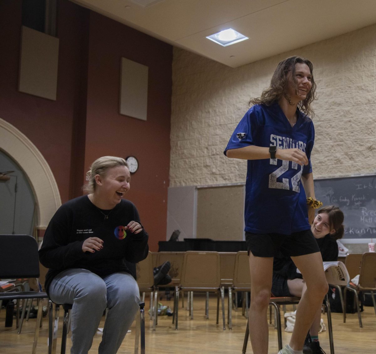 Hayden Hotchkiss (right) laughs at missed cue during practice for the The 25th Annual Putnam County Spelling Bee Musical Oct. 25, 2023 at Altgeld Hall in Carbondale, Illinois. 
