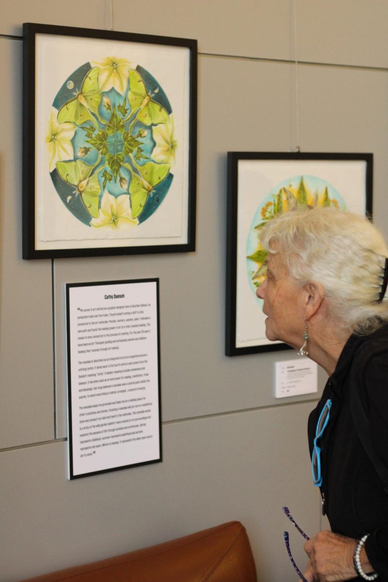 Jackie McFadden reads an excerpt on an art piece Nov. 3, 2023 at Morris Library in Carbondale, Illinois. “Very eclectic and fascinating exhibit featuring very talented local women artists.” McFadden said