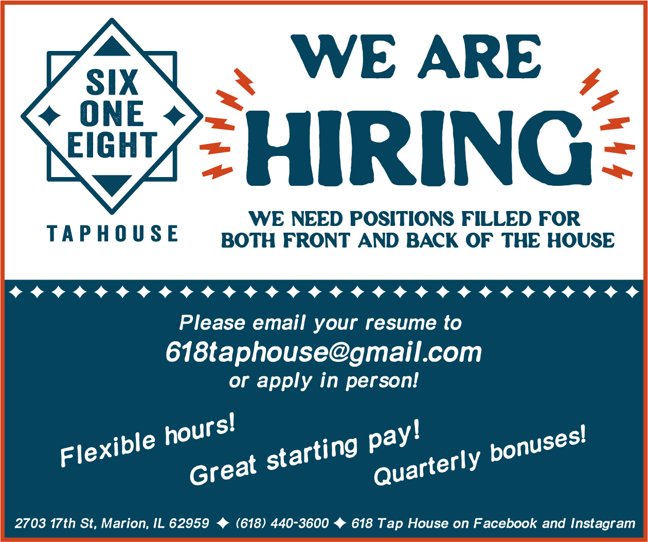 618 Taphouse is currently hiring. Please email 618taphouse@gmail.com or apply in person.