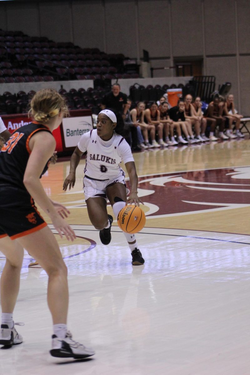 Saluki senior Quierra Love travels up the court in the exhibition against Greenville University Nov. 1, 2023 at Banterra Center in Carbondale, Illinois.