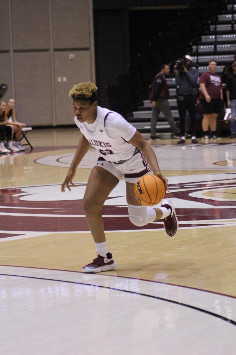 Freshman Angela Samuel moves up the court in the exhibition against Greenville University Nov. 1, 2023 at Banterra Center in Carbondale, Illinois.