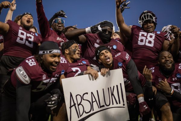 Saluki football celebrate their win as they shut out Nicholls to advance to round two of FCS playoffs Nov. 25, 2023 at Saluki Stadium in Carbondale, Illinois. 