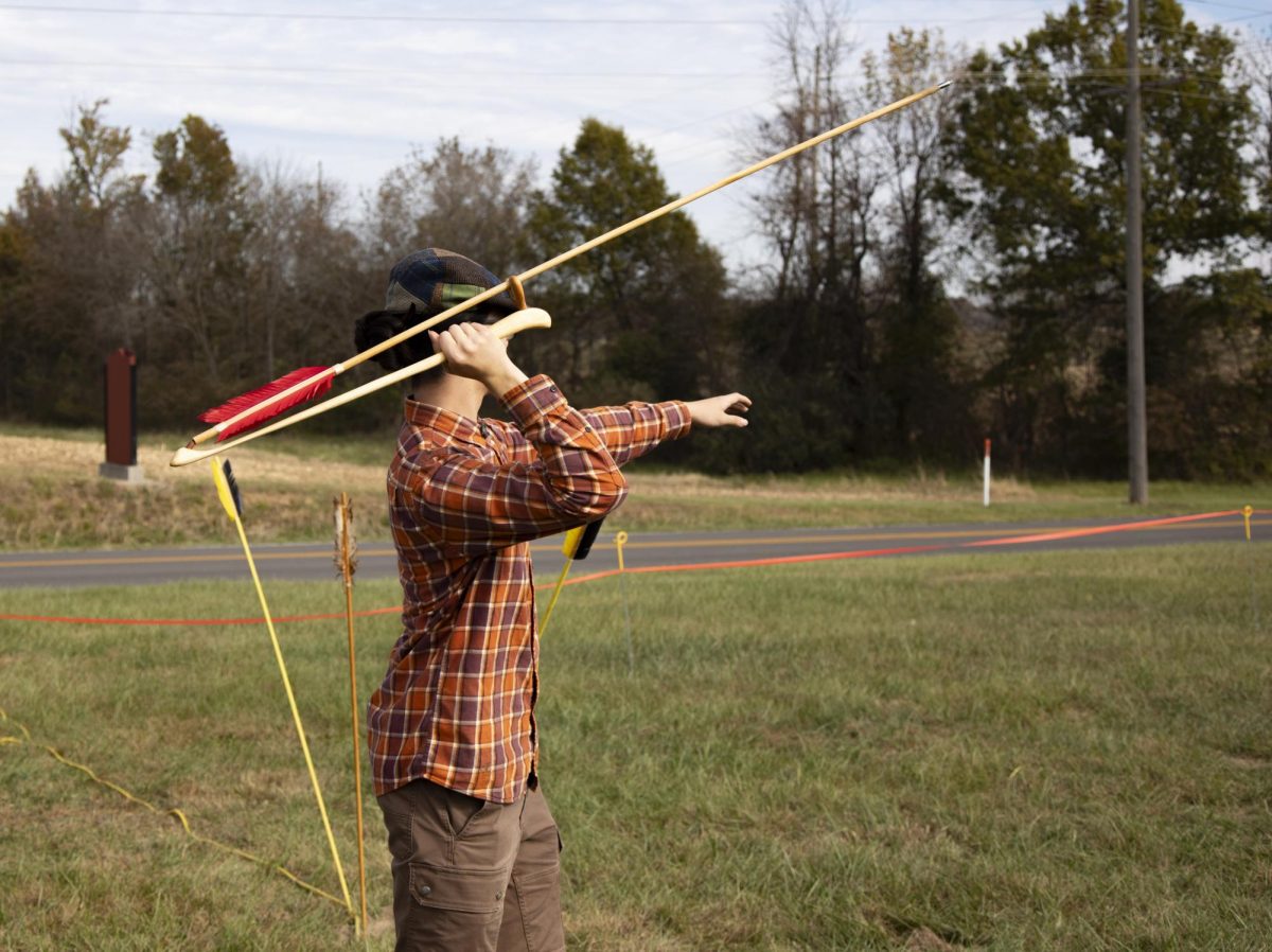 Brenden Gallegly starts to throw an atlatl at some pumpkins Nov, 4. 2023 at The Great Southern Illinois Pumpkin Smash in Carbondale, Illinois.
