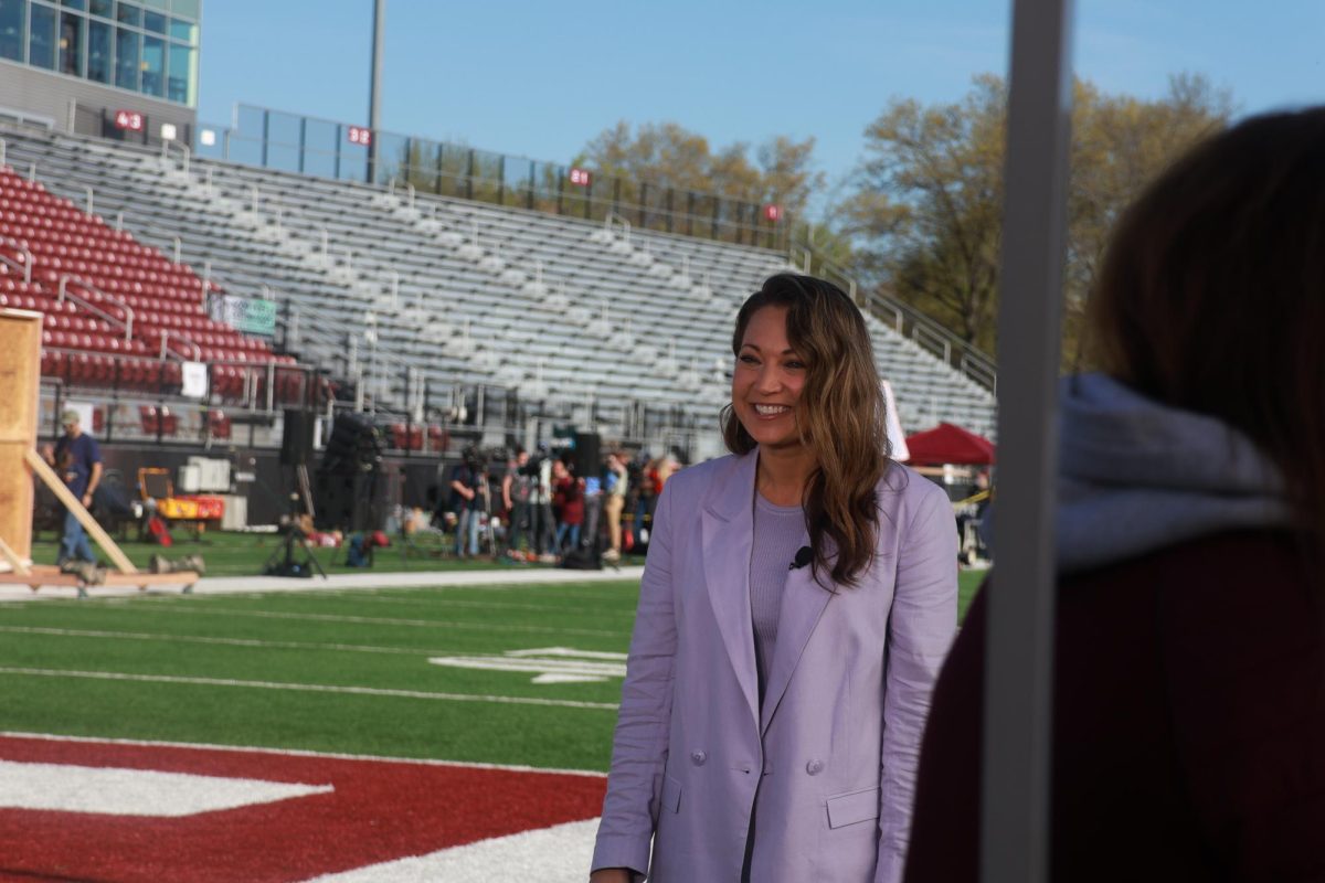 Good Morning America meteorologist Ginger Zee on air at Southern Illinois
University for the 2024 total solar eclipse April 8, 2024 at Saluki Stadium in Carbondale, Illinois. @SimShardPhotography