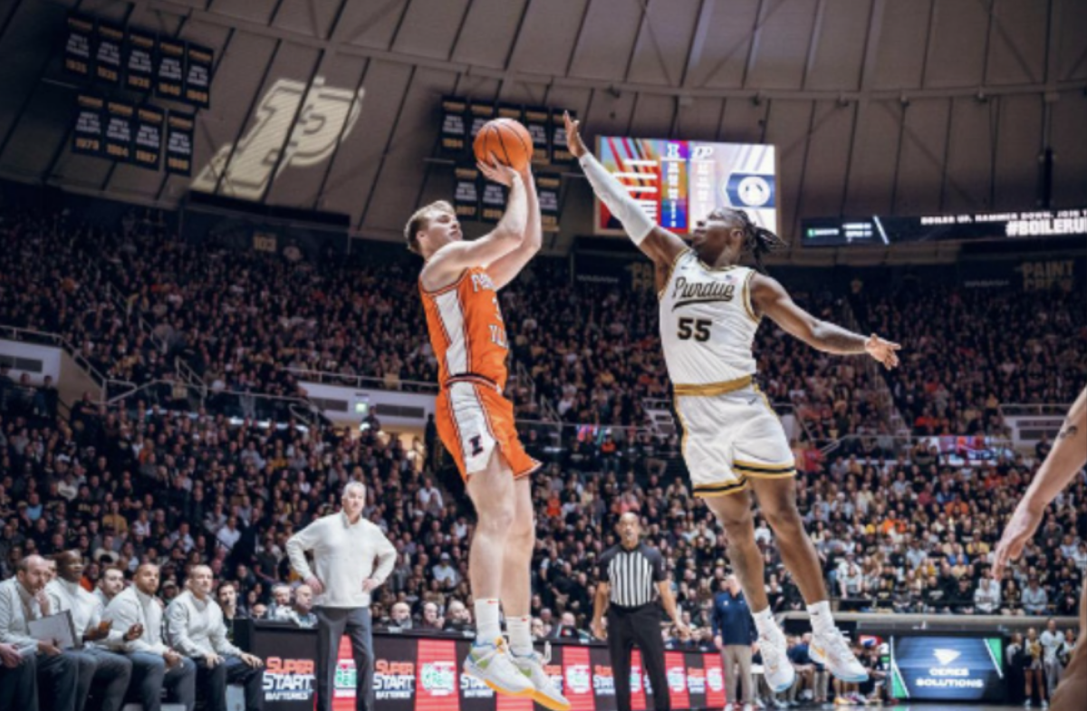 Marcus Domask (left) and Lance Jones (right) during a Purdue-Illinois game Jan. 5, 2024 at
Mackey Arena in West Lafayette, Indiana. Photo credit to Illinois Athletics.