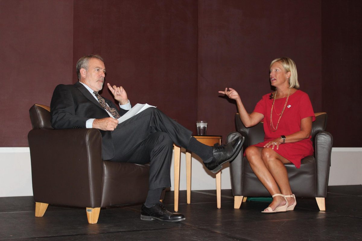 Paul Simon Institute Director John Shaw and State Representative Tony McCombie sit together in the Student Center
Ballroom to talk at a panel Sept. 9, 2024 at Southern Illinois University in Carbondale, Illinois.
dwilliams@dailyegyptian.com