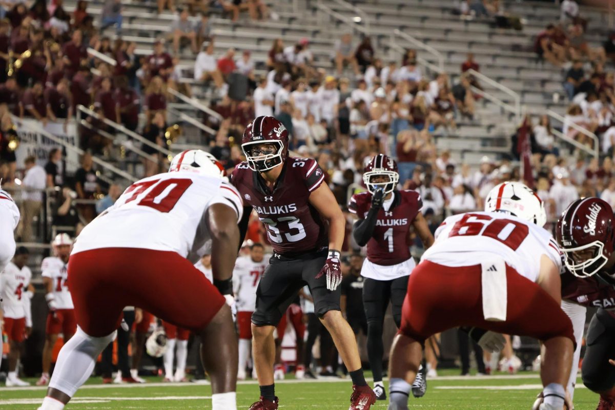 Nick “Shug” Walker looks towards the Incarnate Word offense Sept. 14, 2024 at Saluki Stadium in Carbondale, Illinois. Walker tallied in 8 tackles during the Saluki’s home opener win Saturday night.
@Simshardphotography