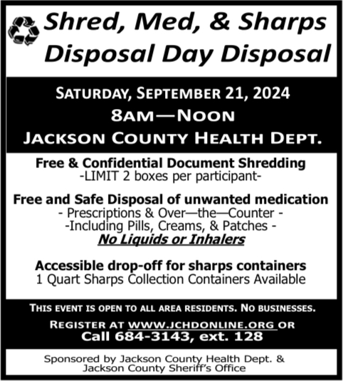 Shred, Med, and Sharps Disposal Day. September 21st. Available for all residents, no businesses.