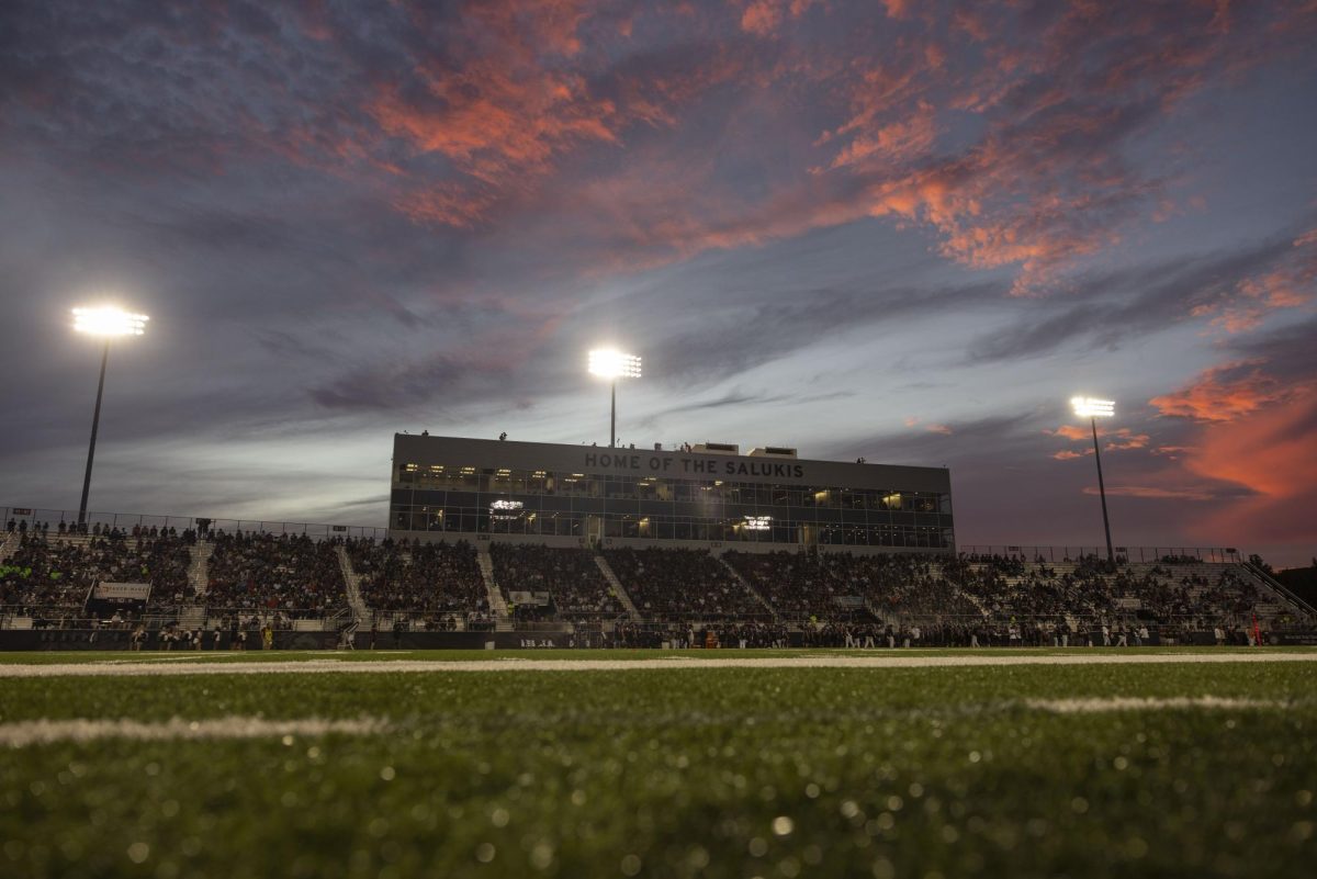 The sun sets over Saluki Stadium as the No. 8 Salukis face No. 12 Incarnate Word in the home opener Sept. 14, 2024 at Saluki Stadium in Carbondale, Illinois.