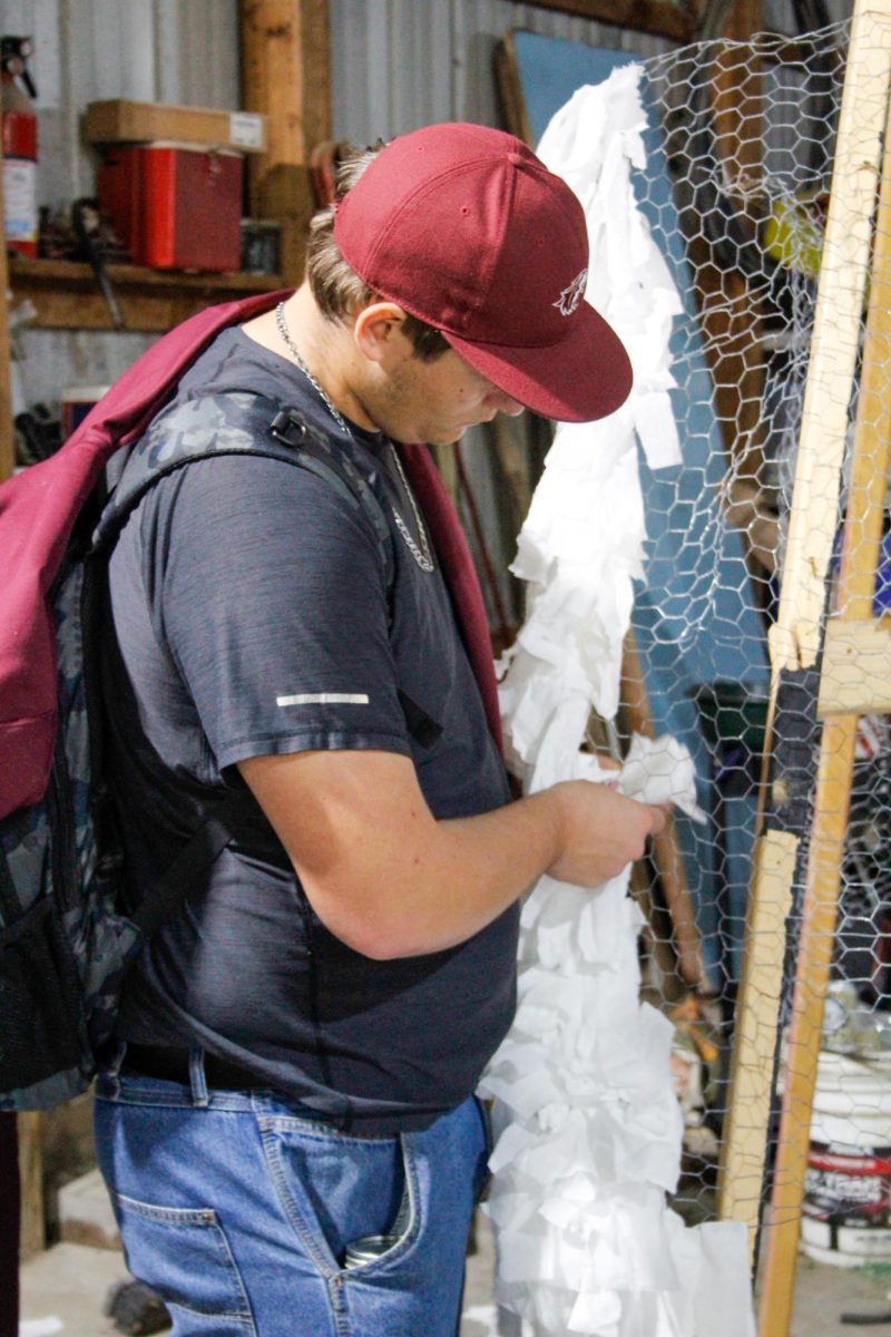 Alpha Gamma Rho fraternity member Drake Smith attaches tissue paper pomps for the Alpha Gamma Rho and Sigma Alpha homecoming float Oct. 9, 2024 in Carbondale, Illinois.