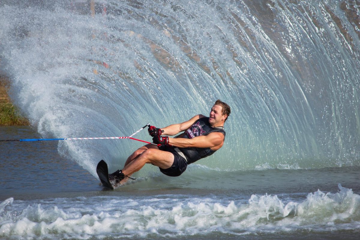 Senior Jon Sears rips through the slalom course at the National Collegiate Water Ski Association Syndicate Collegiate Nationals in San Marcos, Texas.