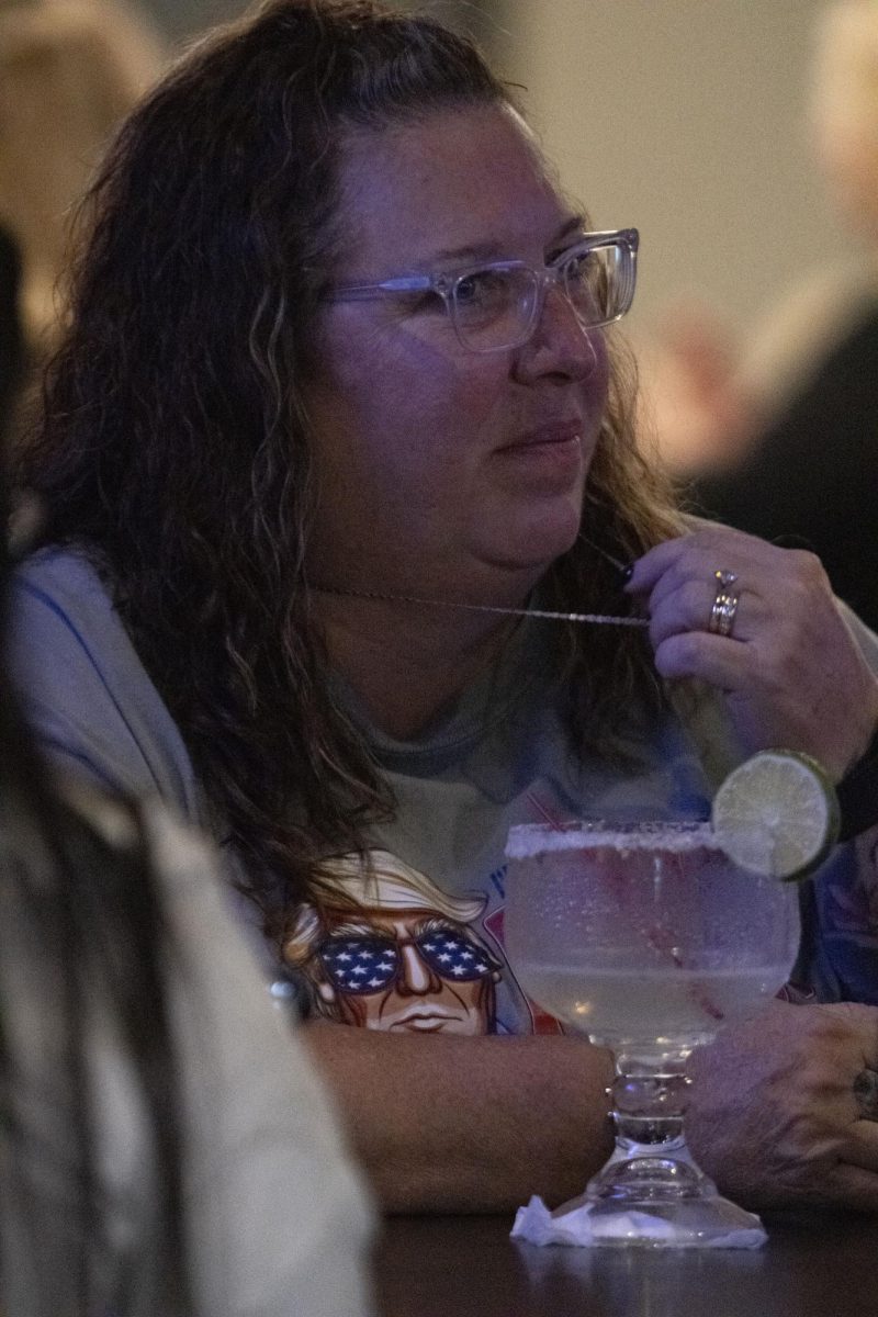 Dawn Tanner watches the television Nov. 5, 2024 at a watch party at the Grecian Steakhouse in Pinckneyville, Illinois.