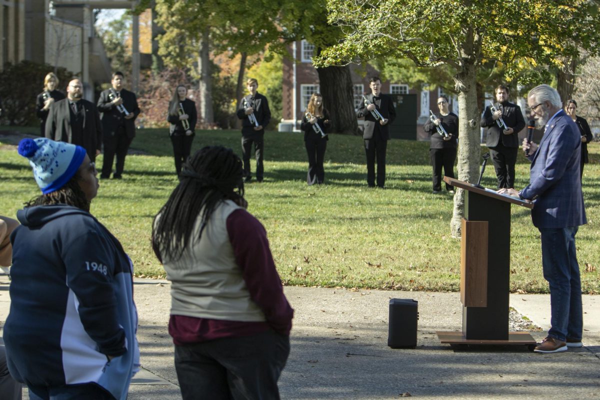 Martin Parsons, a veteran and SIUC alumnus, speaks at the Veterans Day Vigil Nov. 11, 2024 at the SIU flagpole in Carbondale, Illinois.
