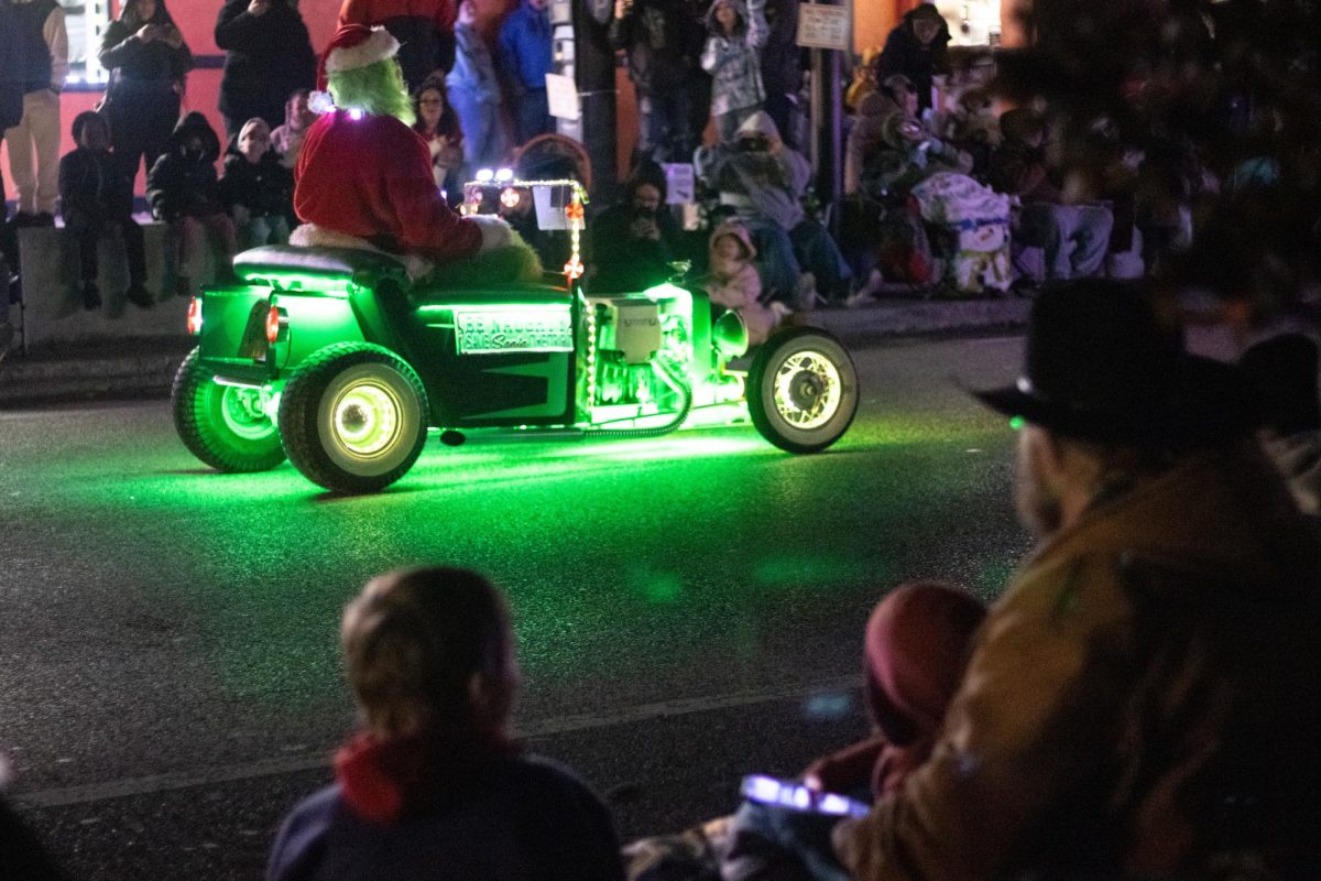 Visitors to the Lights Fantastic Parade watch a driver in a Grinch costume in the parade Dec. 7, 2024 on the Strip in Carbondale, Illinois. 