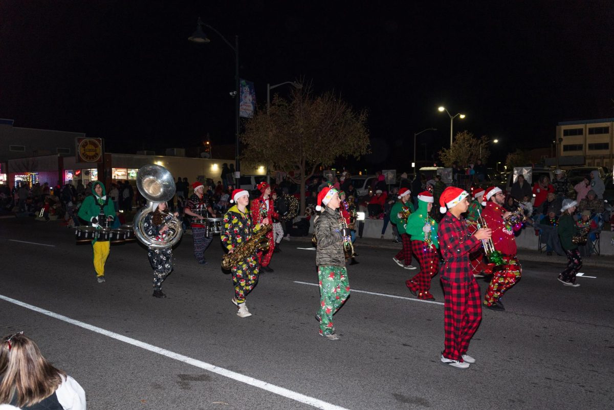 A band performs as they walk down the Strip in the Lights Fantastic Parade Dec. 7, 2024 in Carbondale, Illinois. 