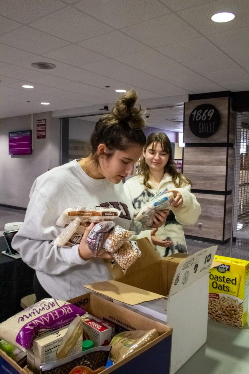 Saluki Food Pantry volunteers Quinn Sammarco (left) and Emma Carl (right) organize and count
food donations during the Thanksgiving food drive on Nov. 19, 2024 in the SIU Student Center
in Carbondale, Illinois.  @libbyphelpsphotography