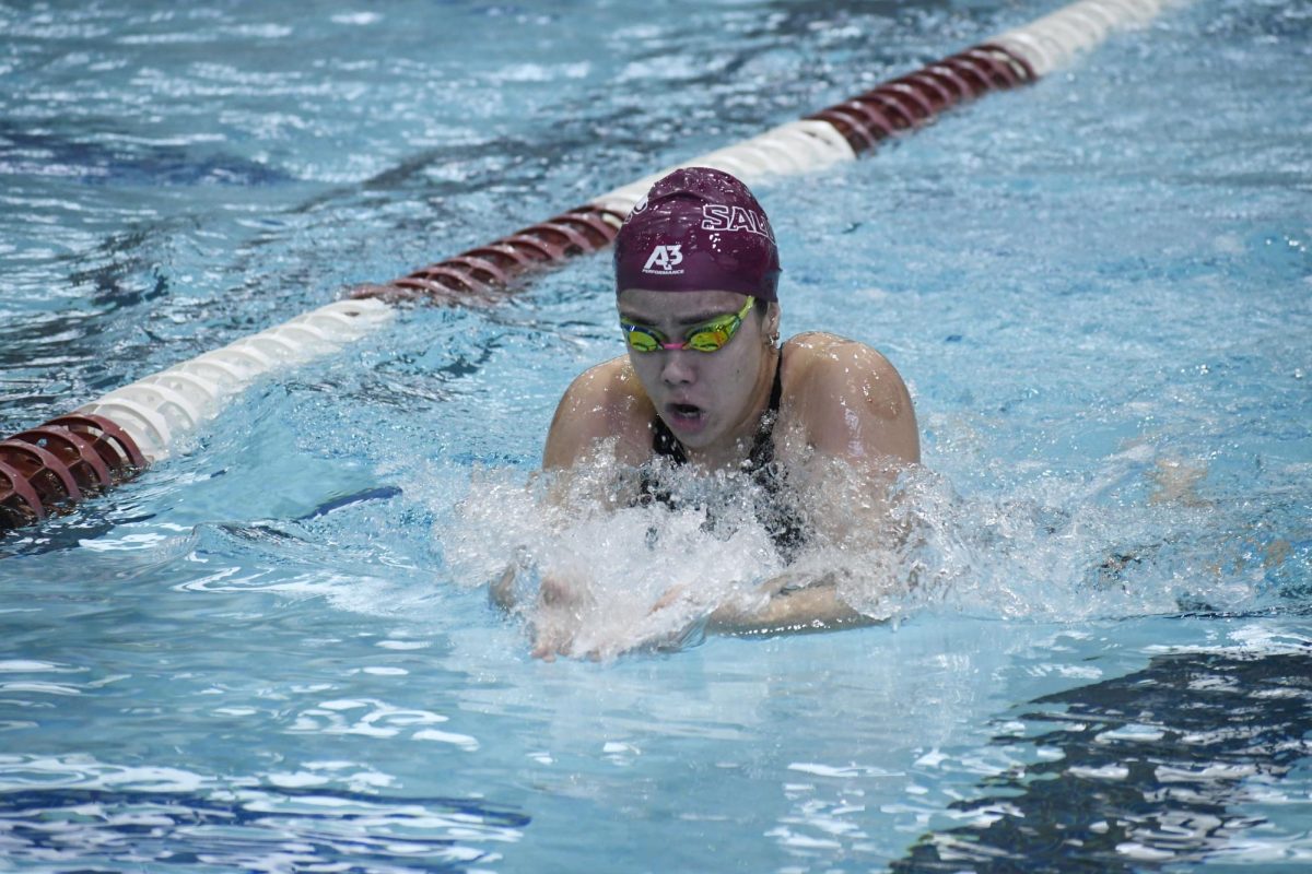 Freshman Liseska Gallegos swims the breaststroke in the women’s 200-yard individual medley Jan. 18, 2025 at Shea Natatorium in Carbondale, Illinois. Jason Isele | @iselephotography