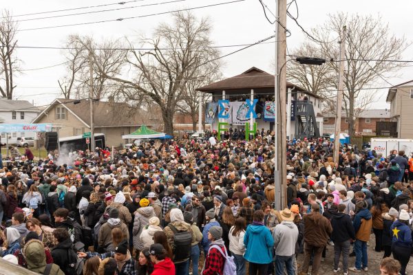 Students party for the Polar Bear, an annual Frat party at SIU, which is happening on IL-51 Jan. 18, 2024 in Carbondale, Illinois. 