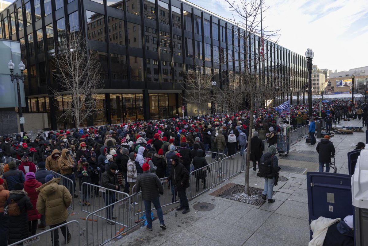 Tens of thousands of Trump supporters wait in frigid weather to enter Capital One Arena where a live stream of the swearing-in ceremony was shown Jan. 20, 2025 in Washington, D.C.  The inaugural events moved indoors after frigid weather swept the area.