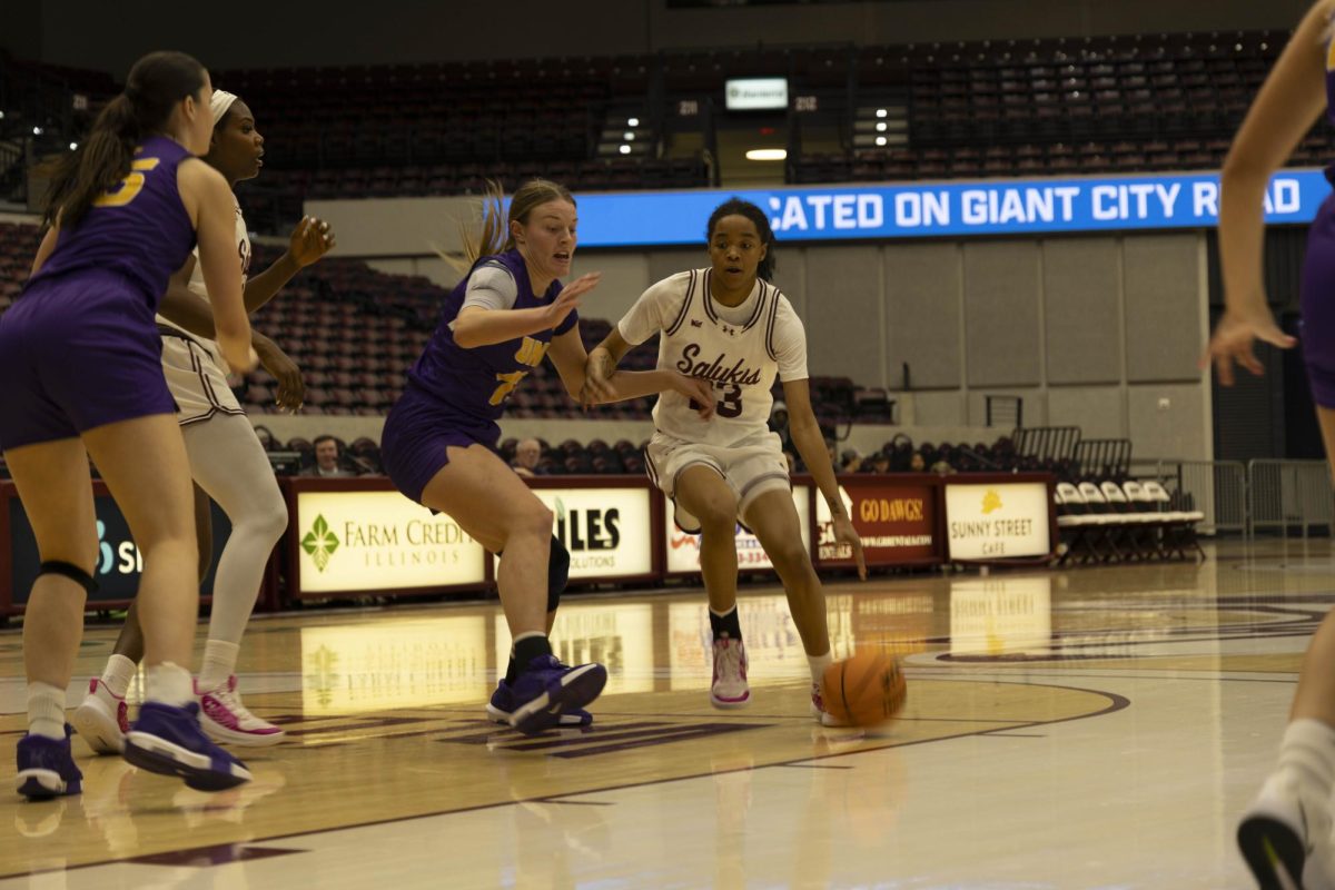 Tkiyah Nelson (23) loses the ball Jan. 24, 2025 at the Banterra Center in Carbondale, Illinois. 