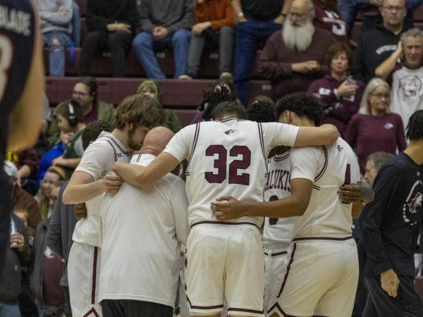 Saluki’s huddle at their home game against Belmont’s Bruins, Feb. 15, 2025 at the Banteera Center in Carbondale, Illinois.  