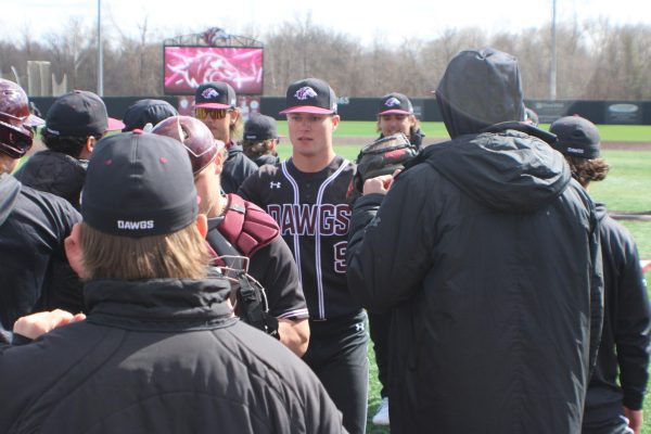 SIU baseball's Alec Nigut gives high-fives to teammates after earning the win against Bowling Green State University.