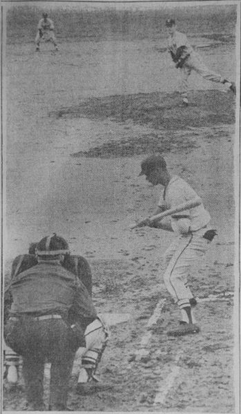 Southern's second baseman Richard "Itchy" Jones takes the first pitch from Central. Michigan's Bob Veach in Friday's IIAC opener at the Chautauqua Street field. Southern won the game 4-3, behind its ace lefthander Larry Tucker.