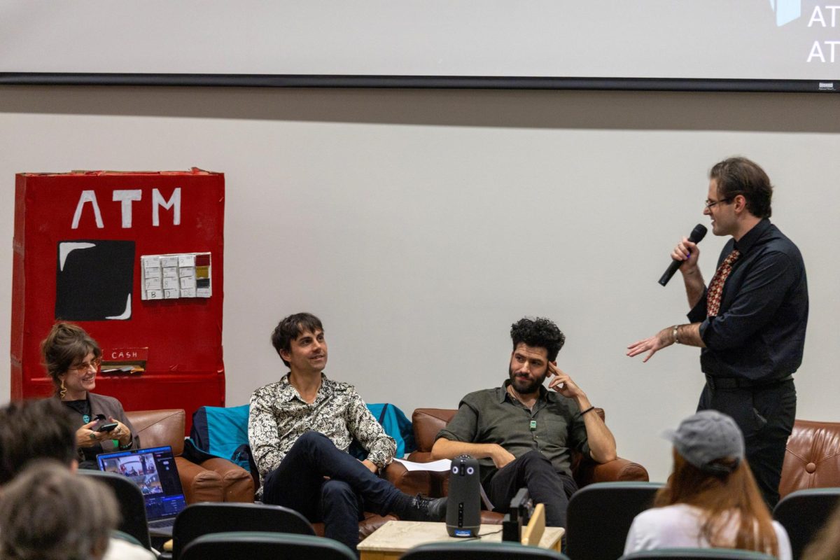 Members of post-punk band Bodega sit in Guyon Auditorium at Morris Library on Sep. 25, 2025 while talking about the philosophy of their music. From left to right are Nikki Belfiglio, Ben Hozie and Adam See. Bodega will be playing at Hangar 9 on Sep. 26 at 9 p.m. Emily Brinkman | erb_photo_ 