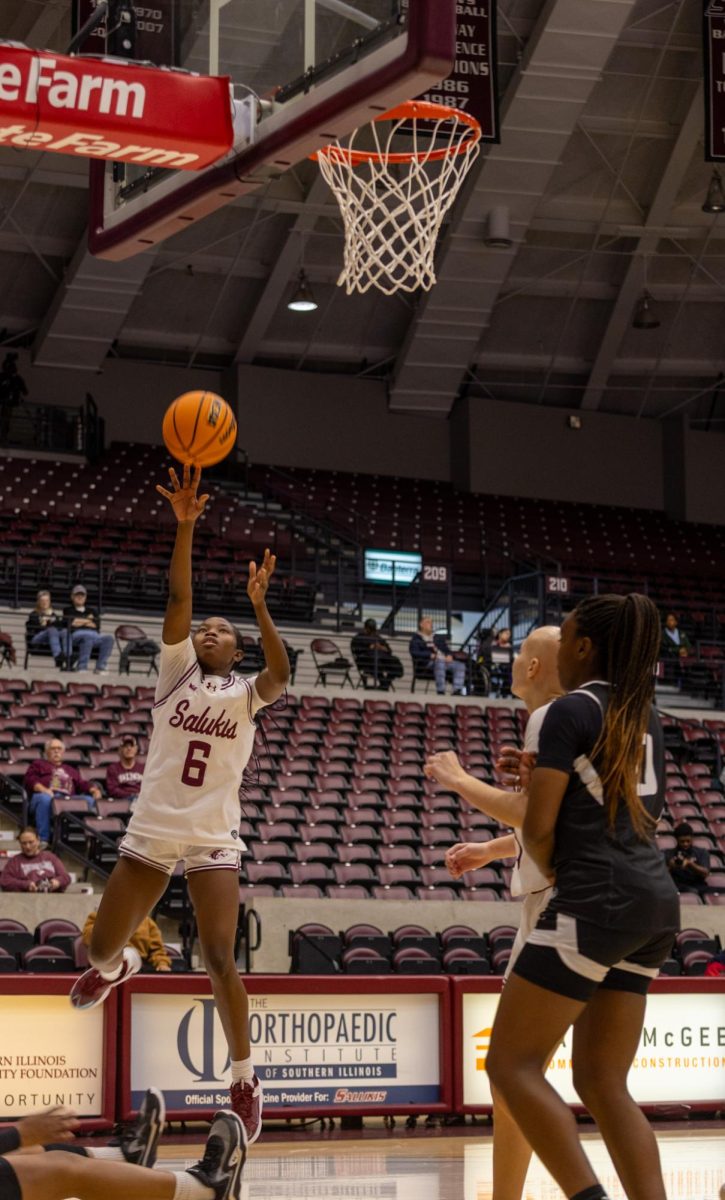 Ternadoo Agatha Agba (6) shoots for the basket against SEMO Dec. 6, 2025 at the Banterra Center in Carbondale, Illinois. 