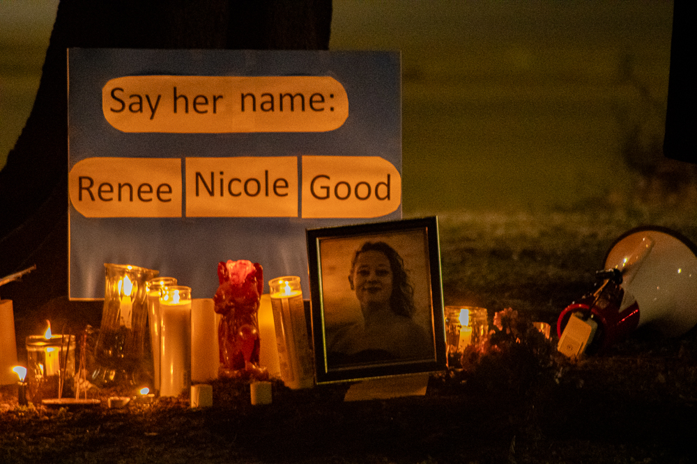 A vigil is held for Renee Nicole Good, a Minneapolis woman who was killed by ICE agent, by members of the Carbondale community Jan. 9, 2025 in Carbondale, Illinois. 