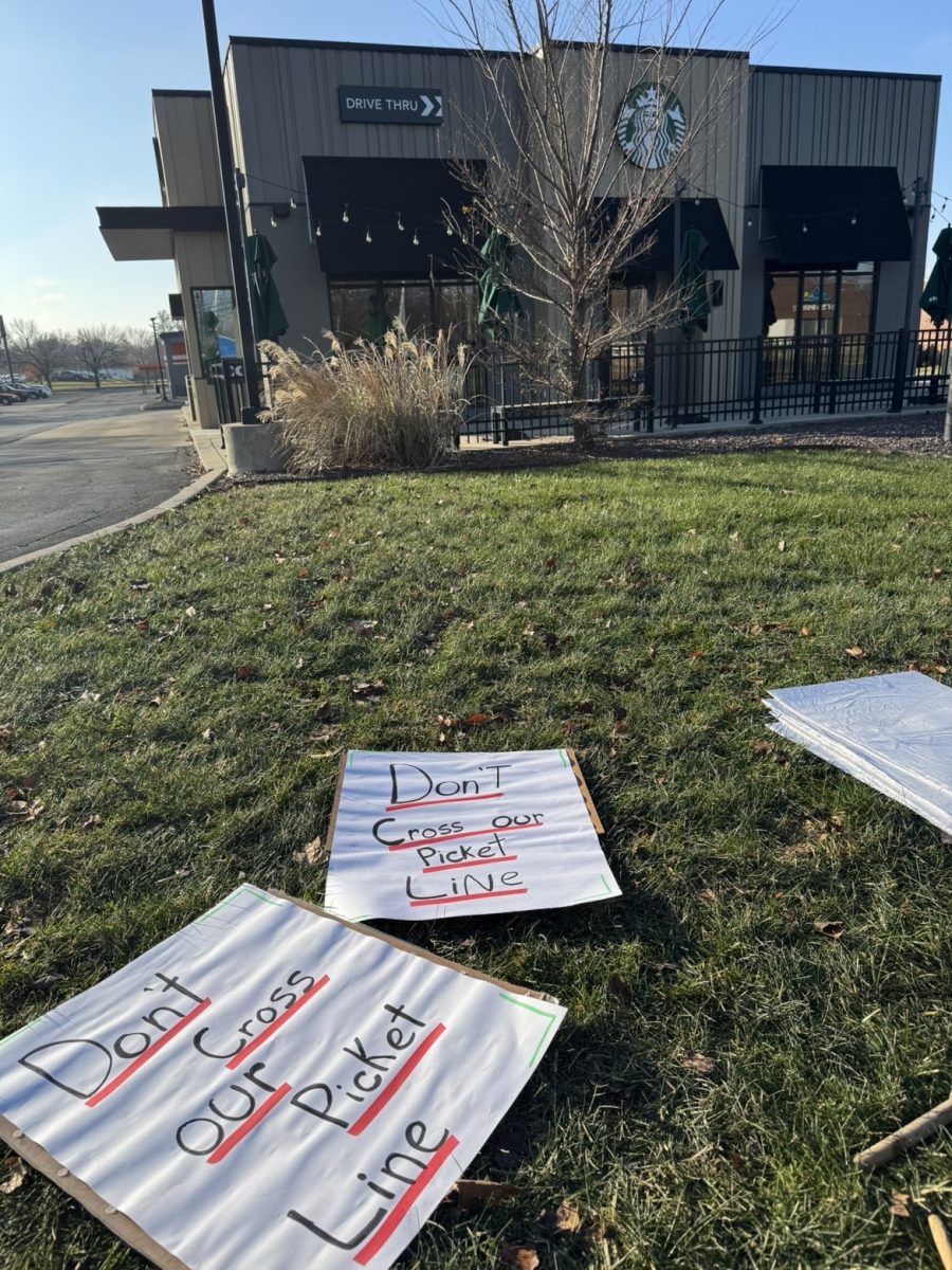 Signs made by workers during the strike against Starbucks lay in the grass Dec. 8, 2025 in Carbondale, Illinois. 