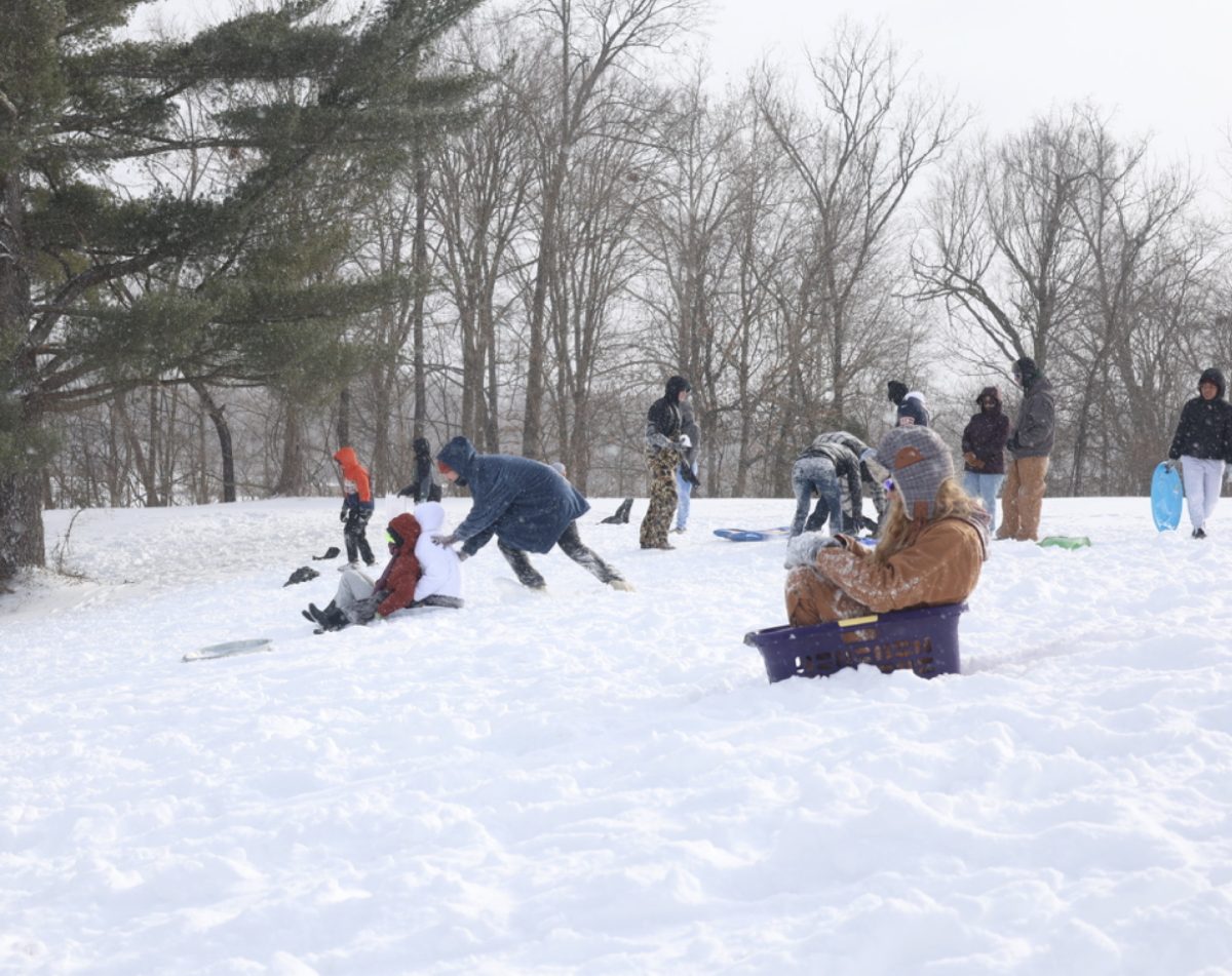 Carbondale residents sled down a steep hill near the Banterra Center Jan. 25, 2026 in Carbondale, Illinois