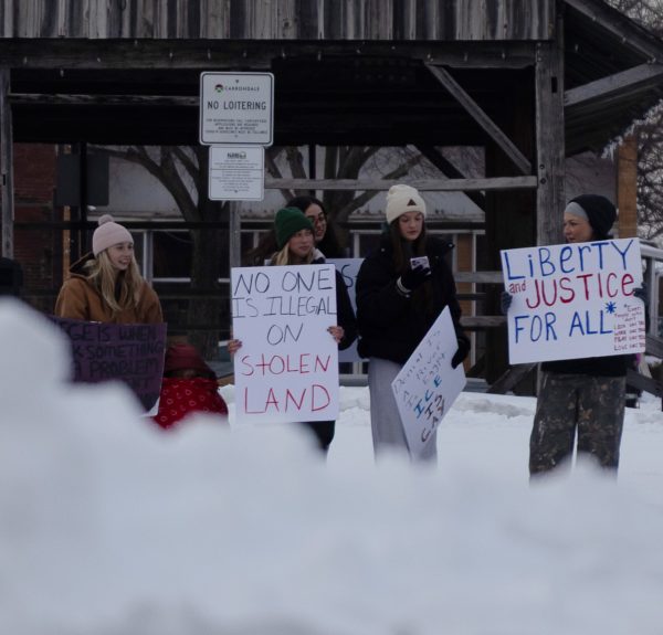 Carbondale community members hold up signs during a protest against ICE following the killings in Minneapolis Jan. 30, 2026 at the Carbondale Town Square Pavilion in Carbondale, Illinois. 