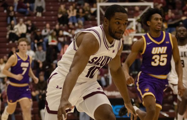 SIU guard Damien Mayo Jr. (10) rushes down the court as the salukis face UNI Jan. 28, 2026 at the Banterra Center in Carbondale, Illinois. 