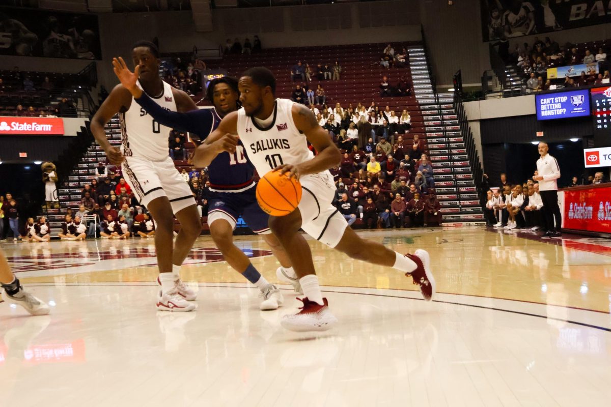 Damien Mayo (10) drives to the basket during SIU's game against Belmont Jan. 17, 2026, at the Banterra Center in Carbondale, Illinois.