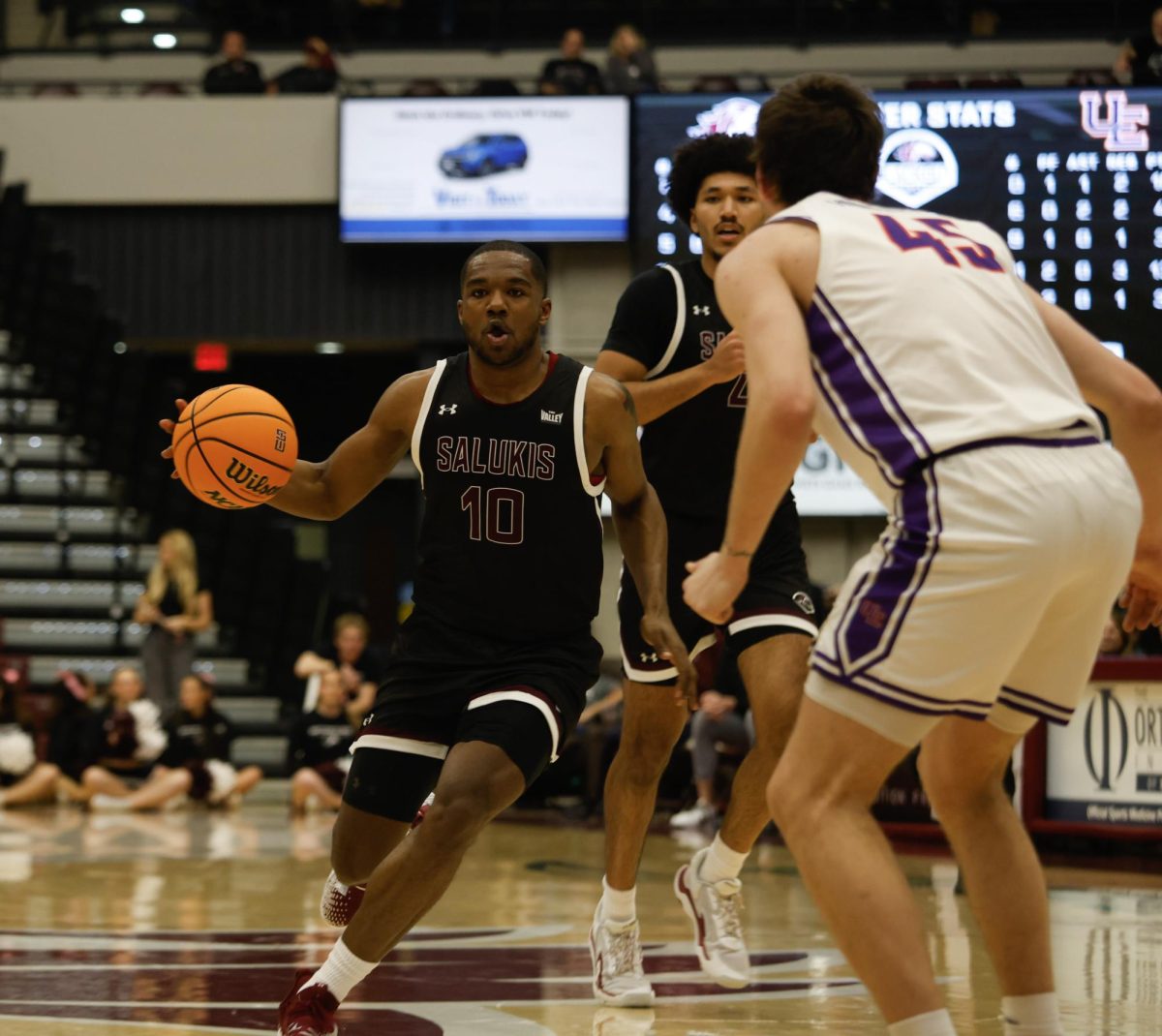 Damien Mayo Jr. (10) dribbles the ball down the court against University of Evansville Feb. 12, 2026 at SIU’s Banterra Center in Carbondale, Illinois. 