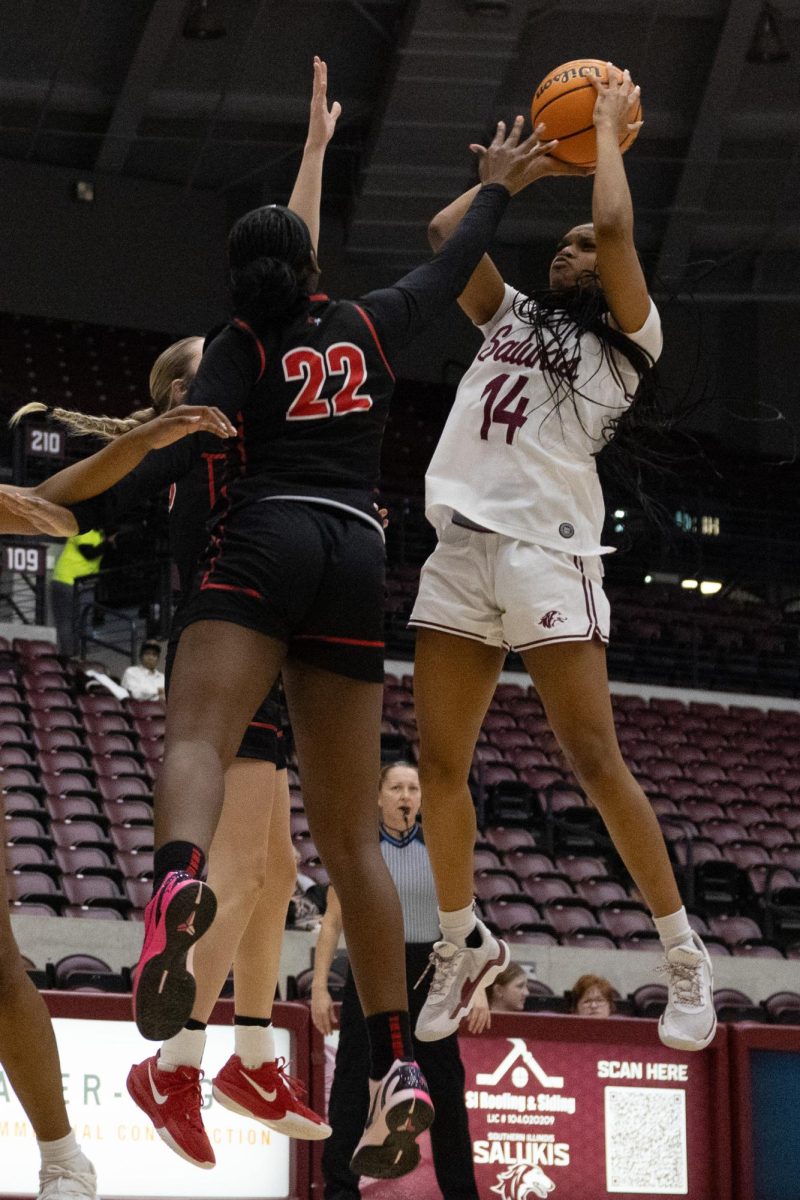 SIU guard Kayla Cooper (14) elevates towards the basket as the Salukis face Illinois State Feb. 13, 2026 at at the Banterra Center in Carbondale, Illinois. 