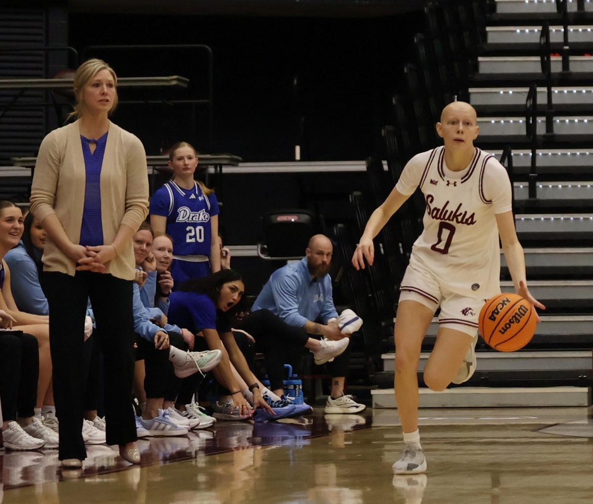 SIU guard Alayna Kraus (0) dibbles the ball up the court Feb. 28, 2026 at the Banterra Center in Carbondale, Illinois. Riley Sembler | @riley_sembler