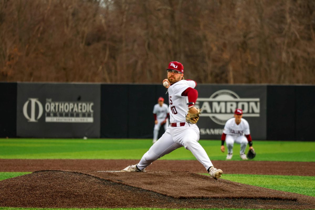 Dylan Petrey (10) pitches the ball during the game against Miami University Feb. 25, 2026 at Itchy Jones Stadium in Carbondale, Illinois. 