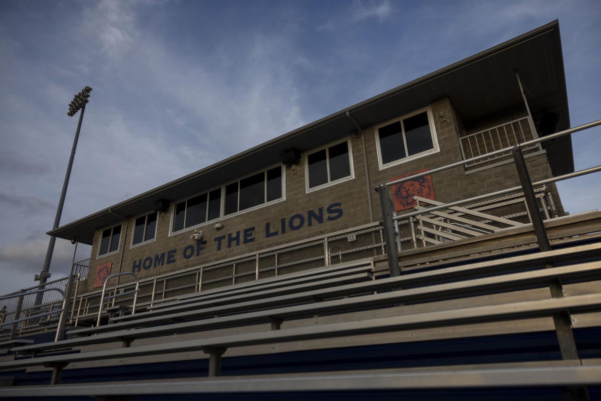 The sun sets on the press box of the Carterville Lion’s football stadium March 3, 2026 in Carterville, Illinois. 