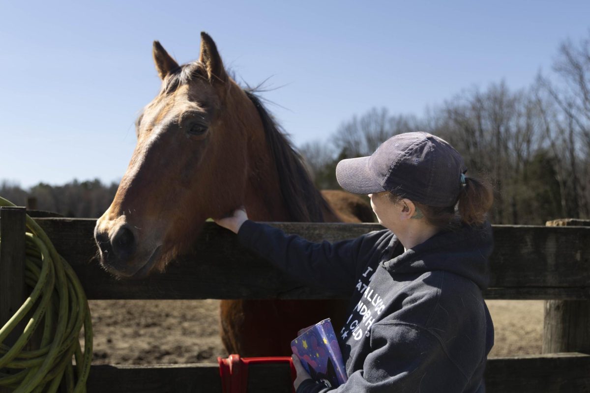 Hannah Davis scratches under Dexter's chin March 14, 2026 at Giant City Stables in Makanda, Illinois. 