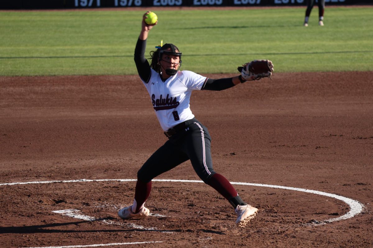 Pitcher Brooklynn Danielson (6) winds up to pitch the ball March 28, 2026 during a game against the Belmont Bruins at Charlotte West Stadium in Carbondale, Illinois.