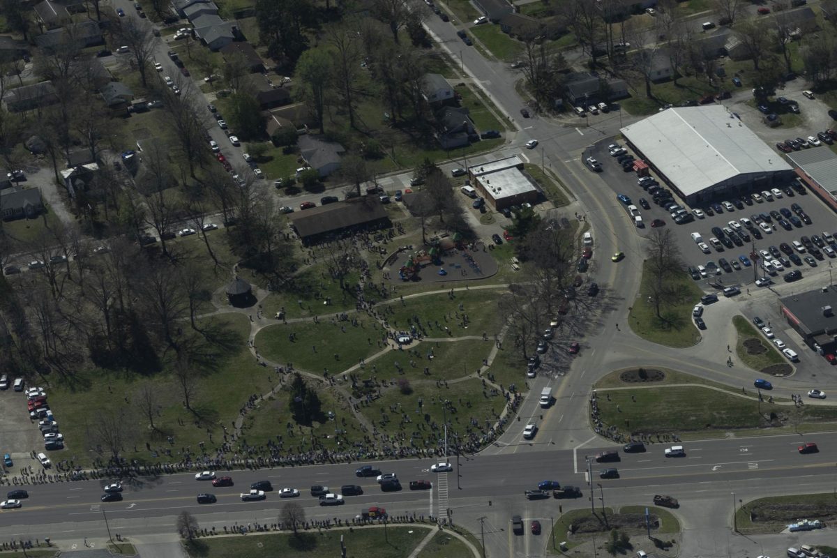Protesters gather for No Kings 3.0 March 28, 2026 at Turley Park in Carbondale, Illinois.