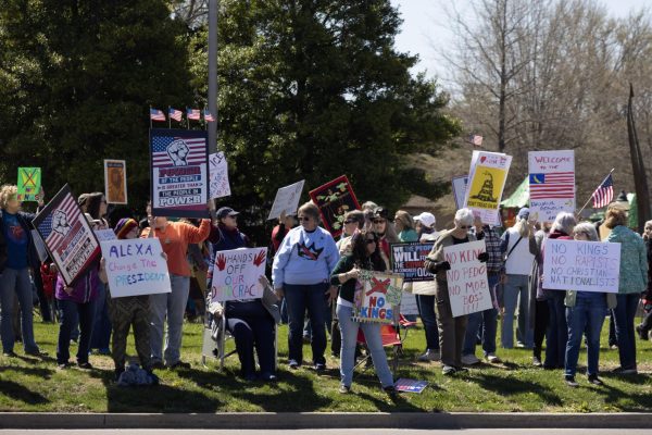 Protesters raise signs and chant during the No Kings protest March 28, 2026 at Turley Park in Carbondale, Illinois.