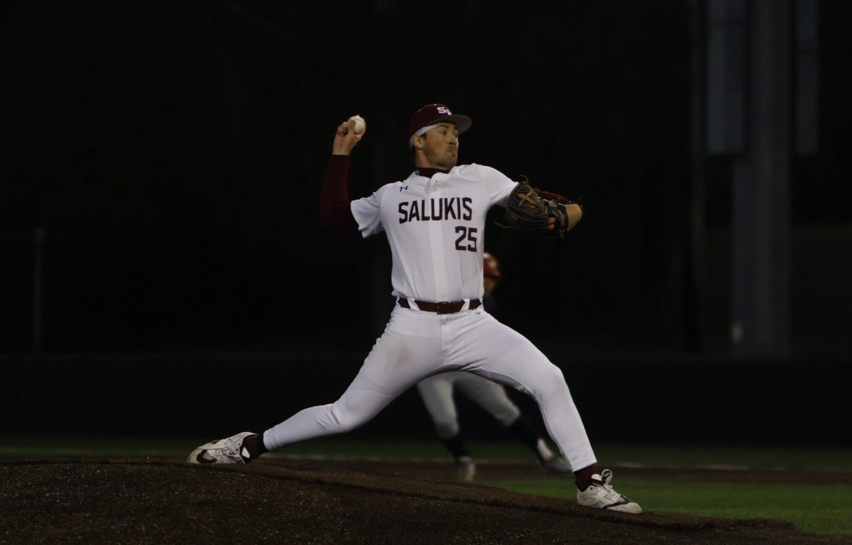 Andrew Evans (25) pitches the ball March 27, 2026 at Itchy Jones Stadium in Carbondale, Illinois. 