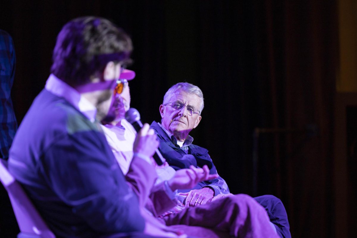 Filmmaker Gary Bishop looks towards filmmaker Jared Treece at a Q&A panel for the Big Muddy Film Festival March 19, 2026 at the Varsity Theater in Carbondale, Illinois.